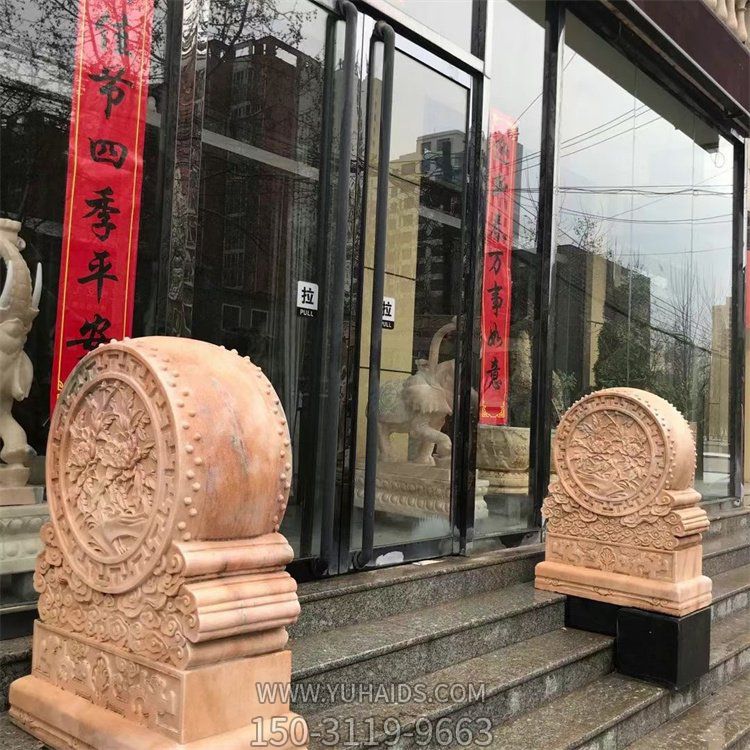 酒店會(huì)所門(mén)口晚霞紅石雕抱鼓石雕塑