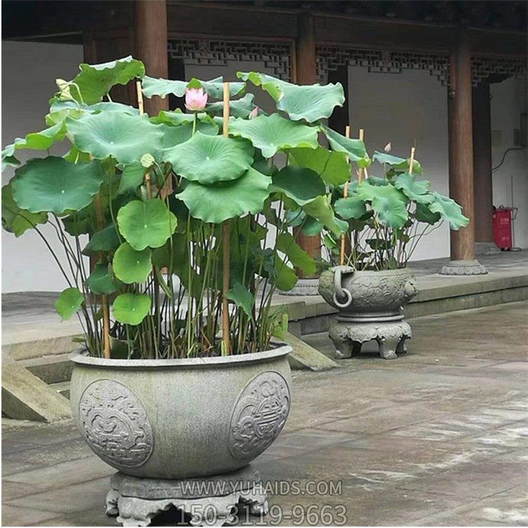 青石仿古做舊浮雕 景區(qū)室外荷花圓水缸雕塑