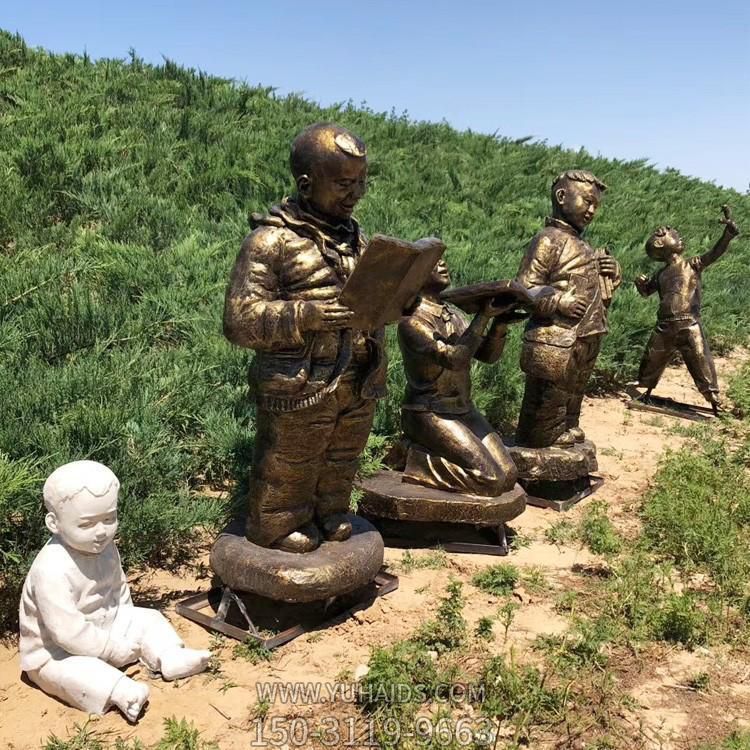 戶(hù)外公園玻璃鋼仿銅看書(shū)的兒童景觀雕塑