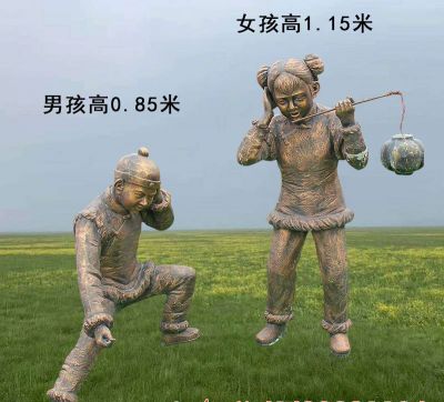 古代人物銅雕兒童放鞭炮雕塑