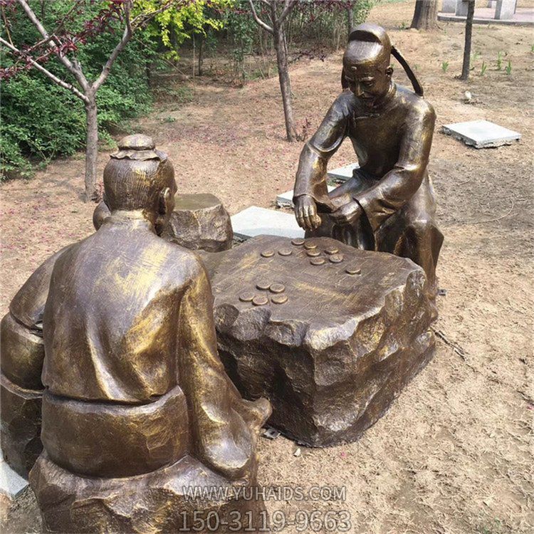 下棋，古代人物玻璃鋼仿銅場景雕塑